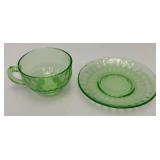 Vintage Set Of Four Misc. Patterns Green Depression Uranium Glass Cups And Saucers  (Glows Under UV light)