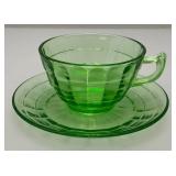 Vintage Set Of Four Misc. Patterns Green Depression Uranium Glass Cups And Saucers  (Glows Under UV light)