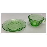 Vintage Set Of Four Misc. Patterns Green Depression Uranium Glass Cups And Saucers  (Glows Under UV light)