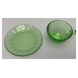 Vintage Set Of Four Misc. Patterns Green Depression Uranium Glass Cups And Saucers  (Glows Under UV light)