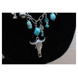 Silver Tone Charm Necklace with Turquoise Stones