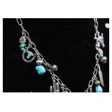 Silver Tone Charm Necklace with Turquoise Stones