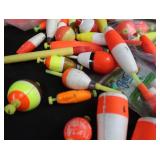 HUGE LOT OF VINTAGE BOBBERS AND CAN OF FISH CHARM