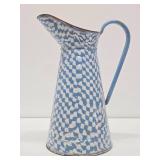 Great Looking LARGE Old Vintage Enamelware Pitcher #2 - Blue & White Geometric Pattern - 15"