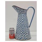 Great Looking LARGE Old Vintage Enamelware Pitcher #2 - Blue & White Geometric Pattern - 15"