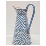 Great Looking LARGE Old Vintage Enamelware Pitcher #2 - Blue & White Geometric Pattern - 15"