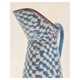 Great Looking LARGE Old Vintage Enamelware Pitcher #2 - Blue & White Geometric Pattern - 15"