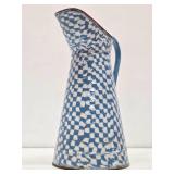 Great Looking LARGE Old Vintage Enamelware Pitcher #2 - Blue & White Geometric Pattern - 15"