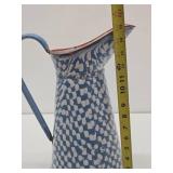 Great Looking LARGE Old Vintage Enamelware Pitcher #2 - Blue & White Geometric Pattern - 15"