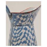 Great Looking LARGE Old Vintage Enamelware Pitcher #2 - Blue & White Geometric Pattern - 15"