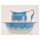 Very Nice Large Old Vintage Blue & White Enamelware Pitcher & Bowl Set