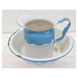 Very Nice Large Old Vintage Blue & White Enamelware Pitcher & Bowl Set