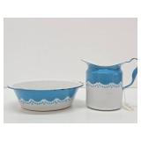 Very Nice Large Old Vintage Blue & White Enamelware Pitcher & Bowl Set