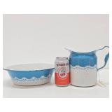 Very Nice Large Old Vintage Blue & White Enamelware Pitcher & Bowl Set