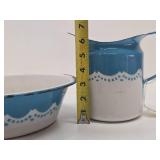 Very Nice Large Old Vintage Blue & White Enamelware Pitcher & Bowl Set