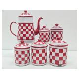 Great Looking Old Vintage Red & White Checkered Enamelware Canister Set & Coffee Pot