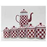 Great Looking Old Vintage Red & White Checkered Enamelware Canister Set & Coffee Pot