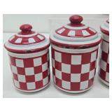 Great Looking Old Vintage Red & White Checkered Enamelware Canister Set & Coffee Pot