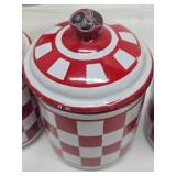 Great Looking Old Vintage Red & White Checkered Enamelware Canister Set & Coffee Pot