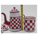 Great Looking Old Vintage Red & White Checkered Enamelware Canister Set & Coffee Pot