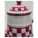 Great Looking Old Vintage Red & White Checkered Enamelware Canister Set & Coffee Pot