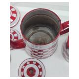 Great Looking Old Vintage Red & White Checkered Enamelware Canister Set & Coffee Pot