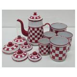 Great Looking Old Vintage Red & White Checkered Enamelware Canister Set & Coffee Pot