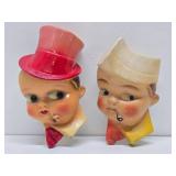 2 Original 1930's Chalkware String Dispenser Faces