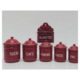 French 1930's Red & White Enamelware Canister Set #1 w/Match Holder