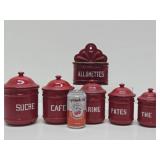 French 1930's Red & White Enamelware Canister Set #1 w/Match Holder