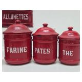 French 1930's Red & White Enamelware Canister Set #1 w/Match Holder