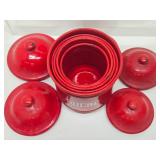 French 1930's Red & White Enamelware Canister Set #1 w/Match Holder