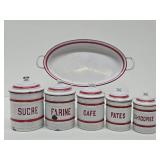 French 1930's Red & White Enamelware Canister Set #1 w/Large Tray