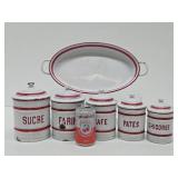 French 1930's Red & White Enamelware Canister Set #1 w/Large Tray