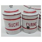 French 1930's Red & White Enamelware Canister Set #1 w/Large Tray