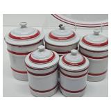 French 1930's Red & White Enamelware Canister Set #1 w/Large Tray
