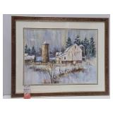 Very Nice Large Signed Original Watercolor Farm Scene Painting - Signed 'Veeder'