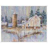 Very Nice Large Signed Original Watercolor Farm Scene Painting - Signed 'Veeder'