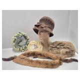 Group of Vintage Ladies' Hats & Genuine Mink Stole / Collar Wrap