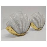 Beautiful Vintage High End Brass & Wavy Clamshell Glass Wall Sconces