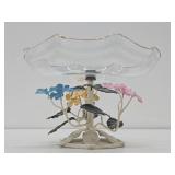 Beautiful Vintage 1950's era Tole Metal Floral Pedestal Bowl w/ Etched Ruffled Glass