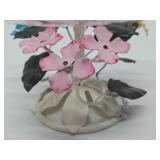 Beautiful Vintage 1950's era Tole Metal Floral Pedestal Bowl w/ Etched Ruffled Glass