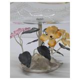 Beautiful Vintage 1950's era Tole Metal Floral Pedestal Bowl w/ Etched Ruffled Glass