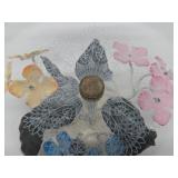 Beautiful Vintage 1950's era Tole Metal Floral Pedestal Bowl w/ Etched Ruffled Glass