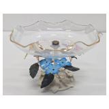 Beautiful Vintage 1950's era Tole Metal Floral Pedestal Bowl w/ Etched Ruffled Glass