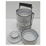 Large Vintage Mid Century Tiffen Carrier Sectional Enamelware Lunch Box