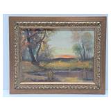 Very Nice Vintage Framed Signed Oil on Canvas Painting - Sunset in the Forest