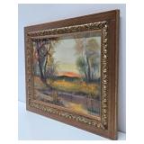 Very Nice Vintage Framed Signed Oil on Canvas Painting - Sunset in the Forest
