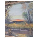 Very Nice Vintage Framed Signed Oil on Canvas Painting - Sunset in the Forest