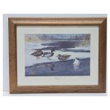 Framed Signed Numbered Print by Les Kouba - 'Mallards on Ice'